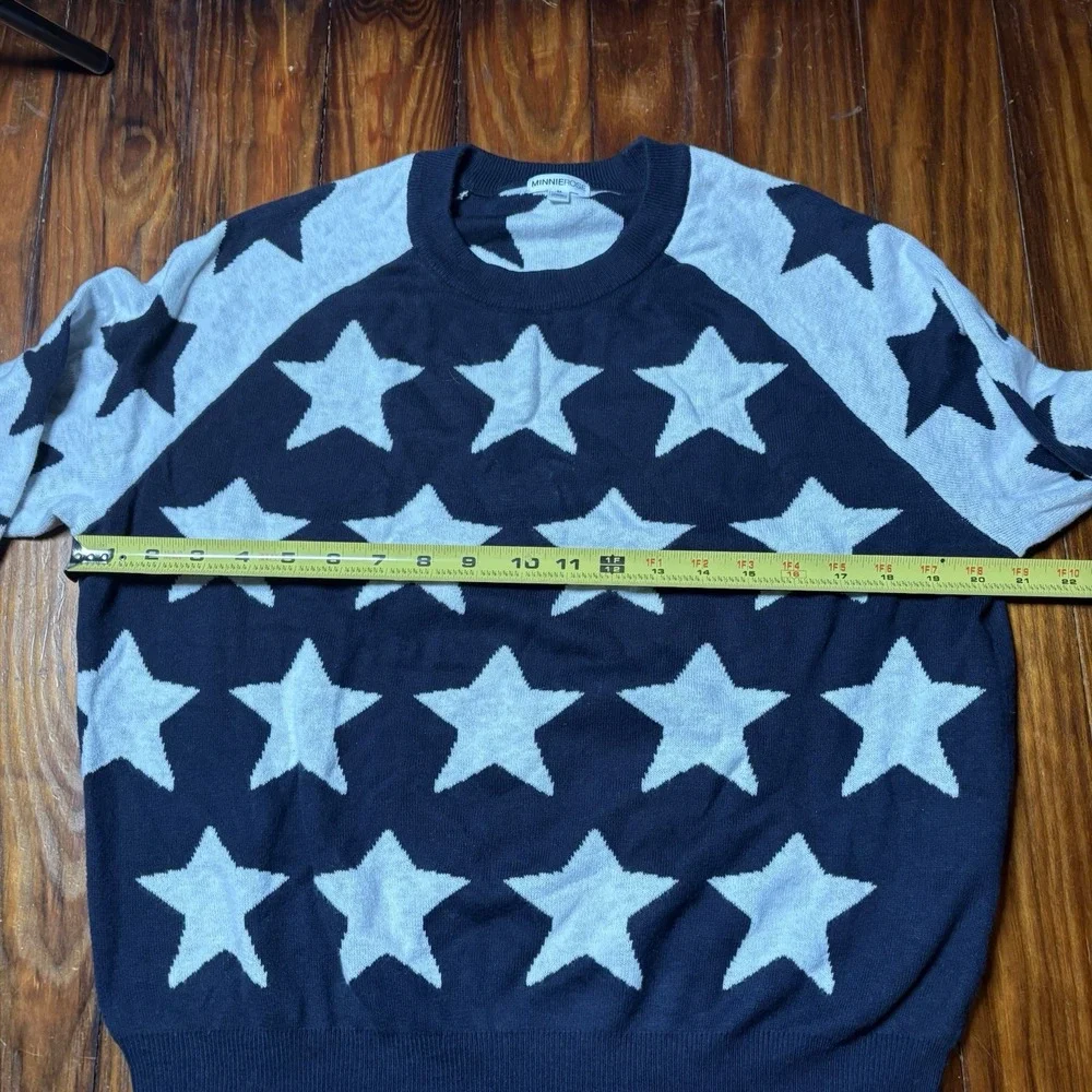 Minnie Rose Blue White Star Contrast Pullover Sweater Cashmere Blend Sz M A1827